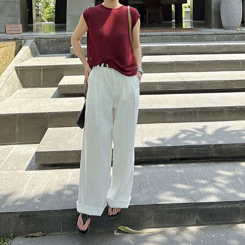 Dame afslappede linnedbukser med bred pasform og omslået kant Stilla