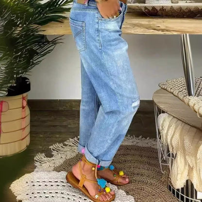 Dame Boyfriend-jeans med knaplukning og distressed-detaljer Stilla