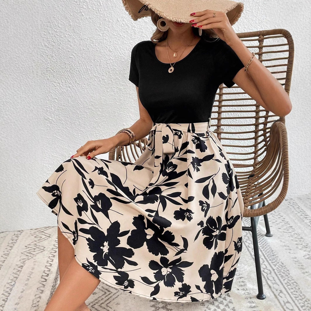 Dame A-linie kjole med floral nederdel og talje bælte Stilla