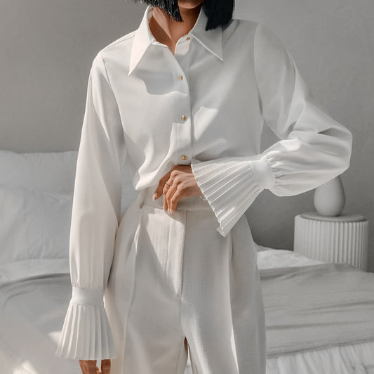 Dame elegant Bluse med plisserede ærmer og knaplukning Stilla