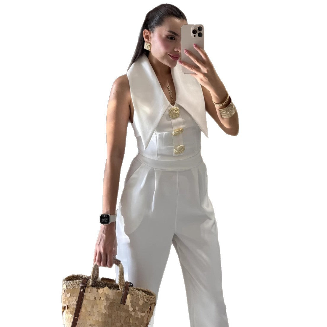Dame Elegant Jumpsuit med markant Krave og Frontknaplukning Stilla