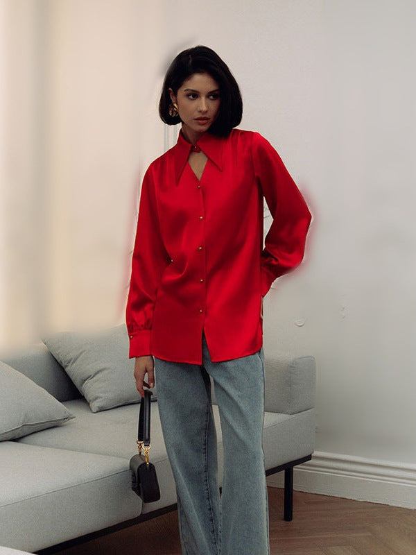 Dame Elegant Bluse med omslagkrave og knapdetaljer Stilla