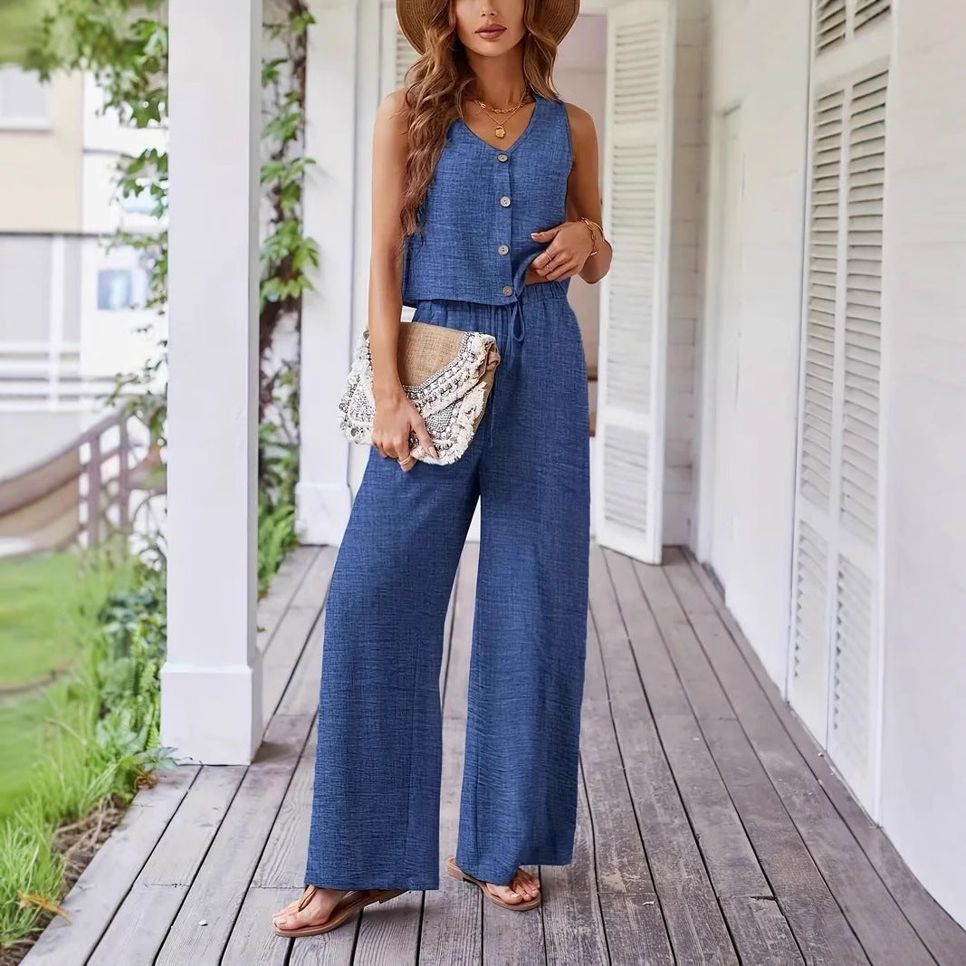 Dame leger jumpsuit med knaplukning og bredt ben Stilla