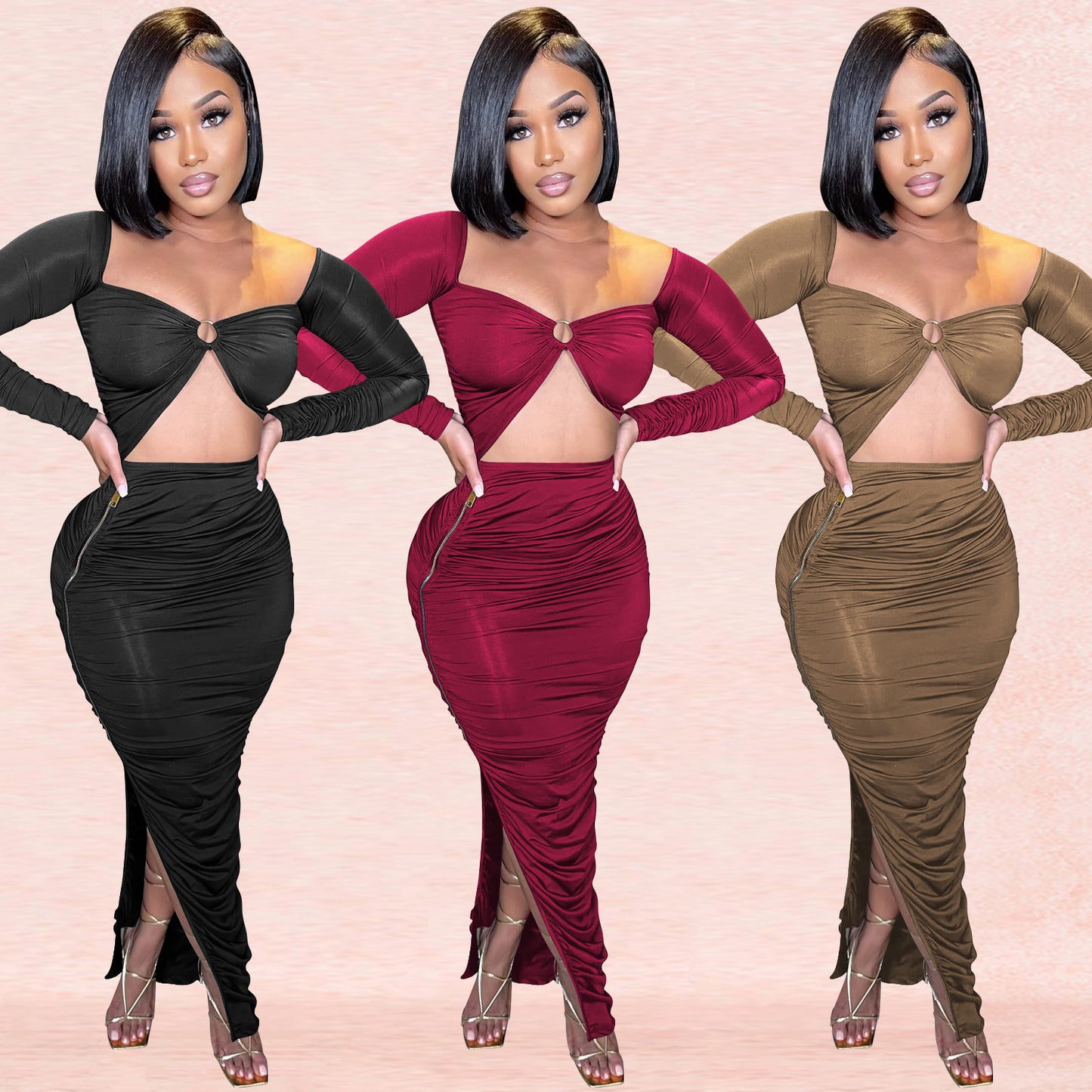 Dame Cut-Out Maxikjole med elegant rynkning og dyb slids Stilla