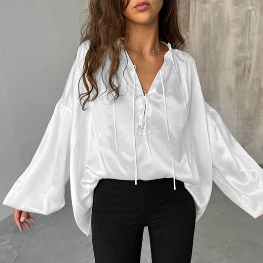Dame elegant bluse med smart bindebånd og vide ærmer Stilla
