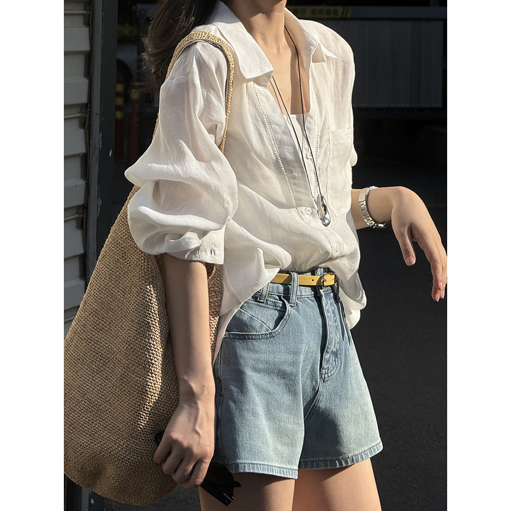 Dame afslappede højtaljede jeansshorts med farverig taljebælte Stilla