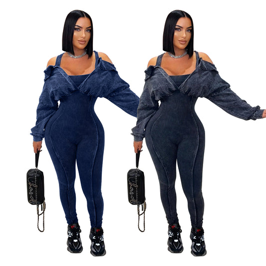 Dame mode jumpsuit med skulderfri flæser og figursyet silhuet Stilla