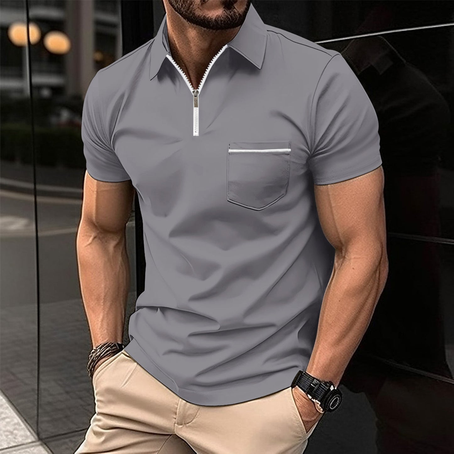 Herrer polo shirt med moderne kort lynlås og brystlomme Stilla