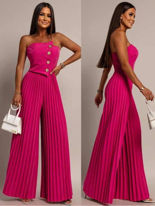 Dame Elegant Jumpsuit med Folder og Knapdetaljer Stilla