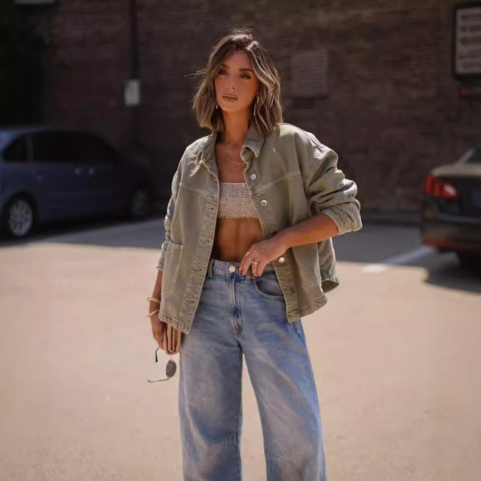 Dame afslappet Overshirt-jakke i vintage stil med store lommer Stilla