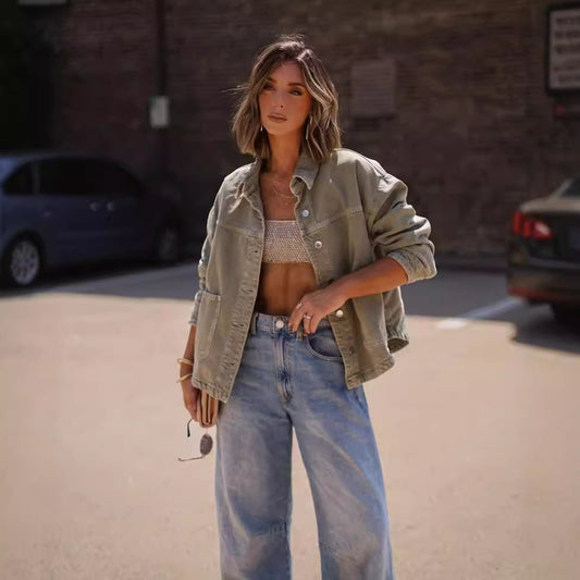 Dame afslappet Overshirt-jakke i vintage stil med store lommer Stilla