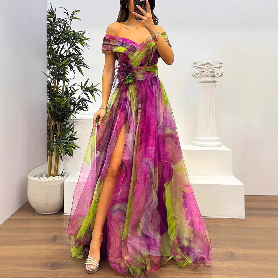 Dame Elegant aftenkjole med off-shoulder udskæring og asymmetrisk kant Stilla