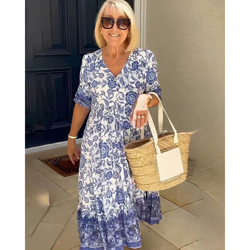 Dame Elegant Floral Trykt Kjole med V-Udskæring og Korte Ærmer Stilla