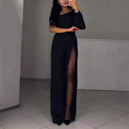 Asymmetrisk ensidig dame-jumpsuit med palietpanel Stilla