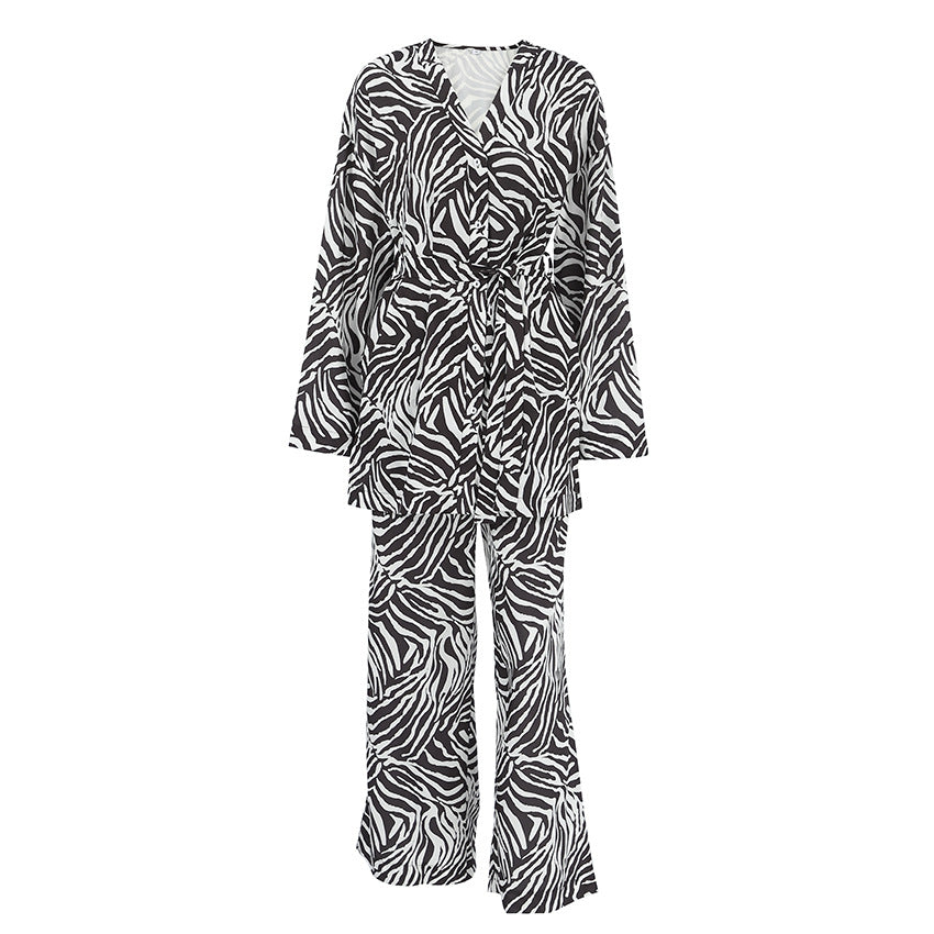 Dame elegant ensemble med zebra-print og talje-knude Stilla