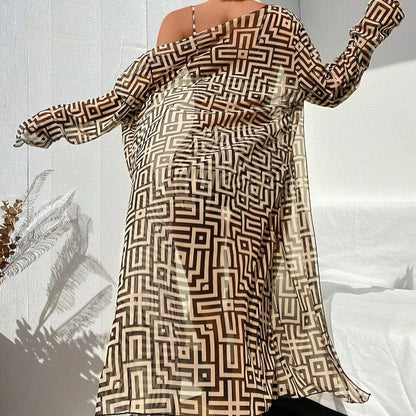 Dame badetøj sæt med luftig cover-up jakke og trendy geometrisk mønster Stilla