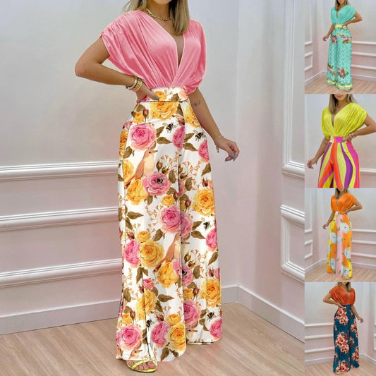 Dame Elegant Jumpsuit med blomsterdesign og dyb V-udskæring Stilla