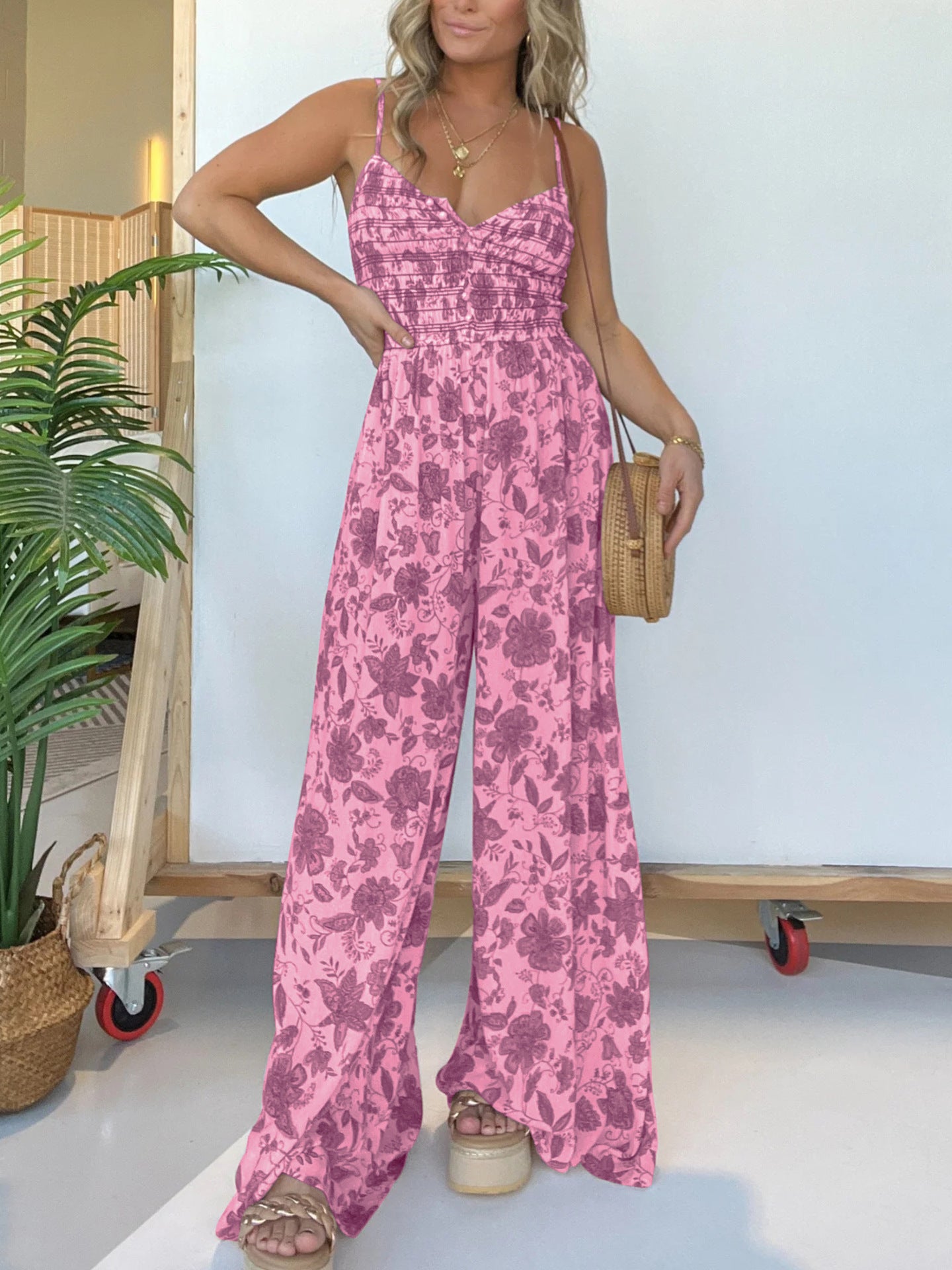Dame luftig jumpsuit med blomstermønster og elastisk talje Stilla