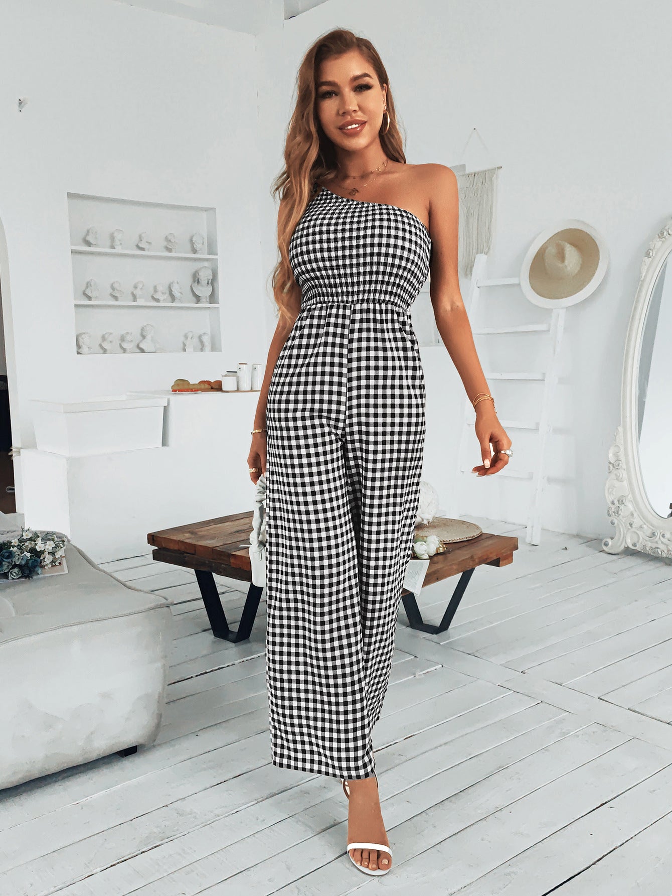 Stilla | Mode Ærmeløs Off Shoulder Trykt Bred Ben Jumpsuit