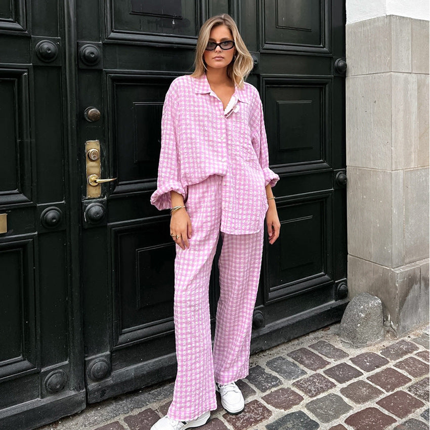 Dame afslappet bomuldsbluse- og bukse sæt med minimalistisk ternet mønster Stilla