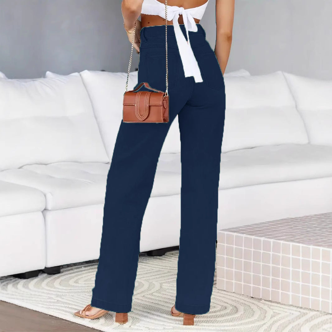 Dame afslappede højtaljede jeans med vidde ben og dekorativ knapåbning Stilla