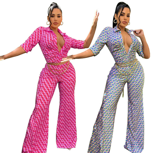Dame jumpsuit med geometrisk design og smart taljebælte Stilla