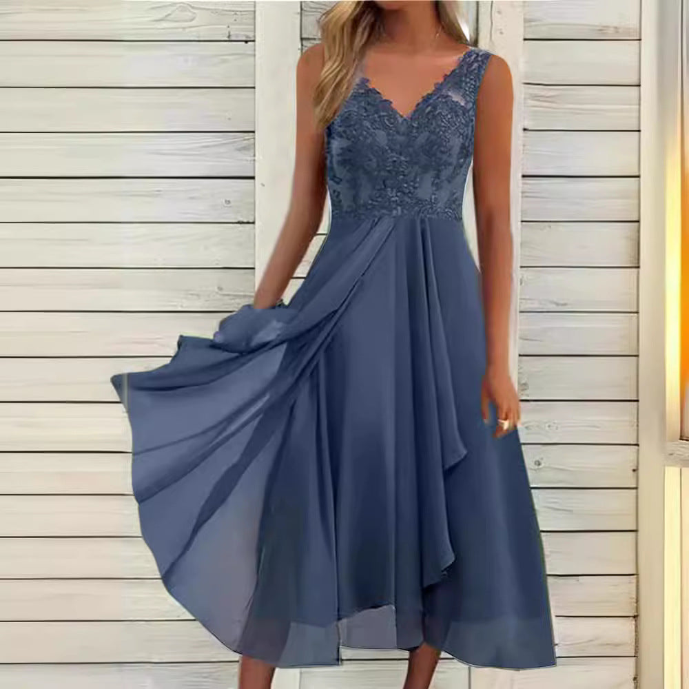 Dame Elegant Aftenkjole med Spidserapplikationer Stilla