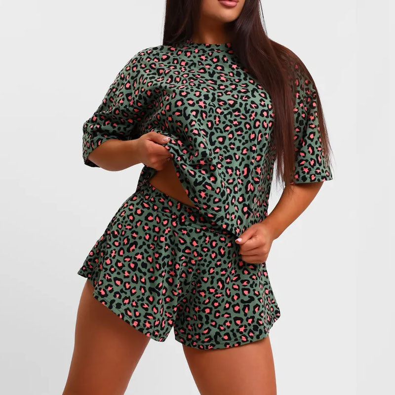 Dame afslappet fritids sæt med leopardmønster og elastisk linning Stilla