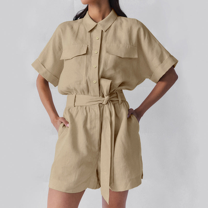 Dame behagelig kort jumpsuit med mode skjortekrave og bindebælte Stilla