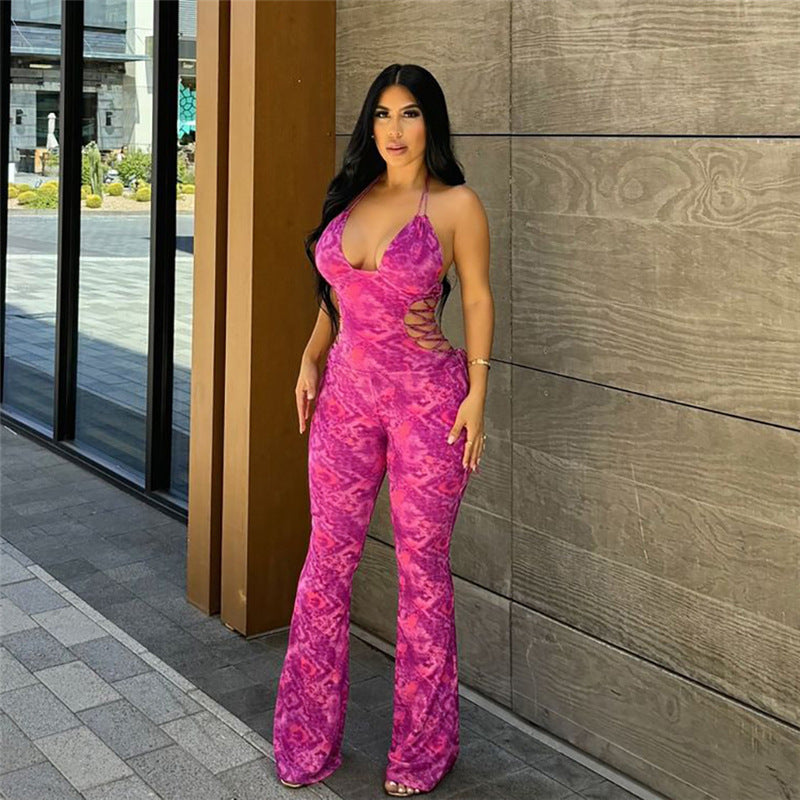 Dame jumpsuit med dyb V-udskæring og snøre detaljer Stilla