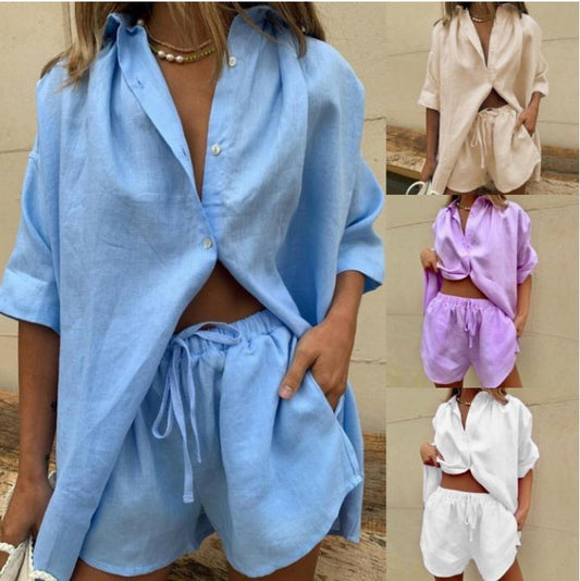 Dame afslappet kortærmet sæt med knapliste og gummizug Stilla