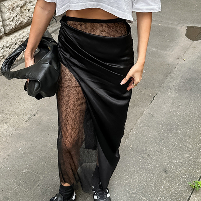 Dame Elegant gennemsigtig nederdel med høj slids og satinlook Stilla