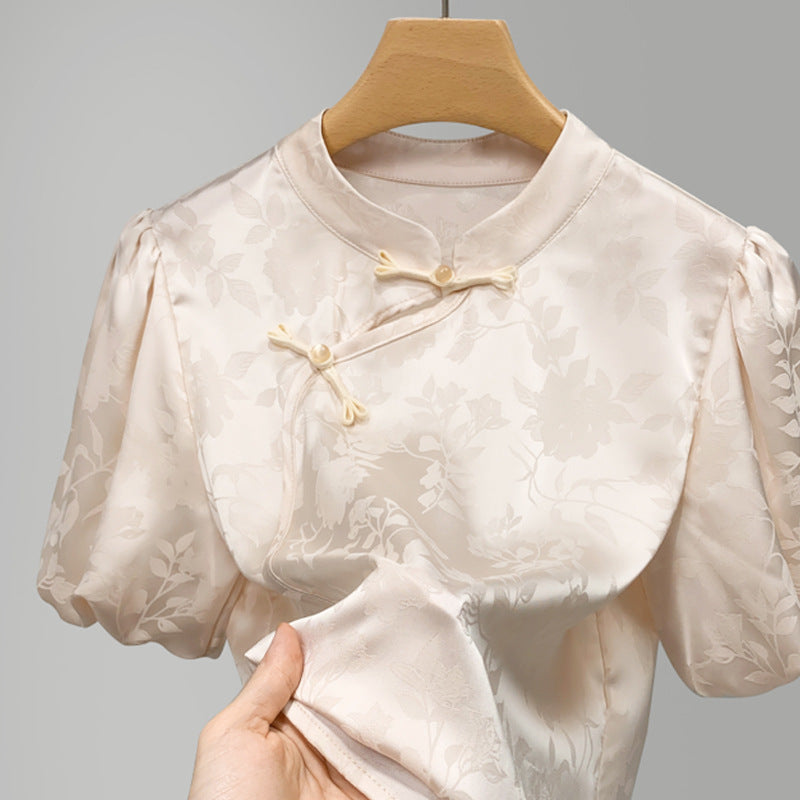 Dame Elegant Blusenshirt med blomsterapplikationer og puffærmer Stilla