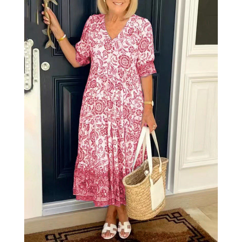 Dame Elegant Floral Trykt Kjole med V-Udskæring og Korte Ærmer Stilla