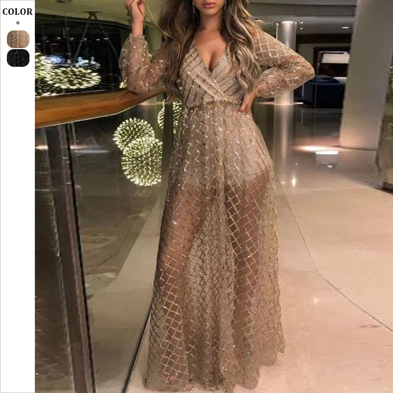 Dame Elegant Gennemsigtigt Aftenkjole med Glitterakkenter og dyb V-udskæring Stilla