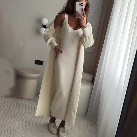 Dame Rippstrik Midi Kjole med elegant Cardigan Stilla