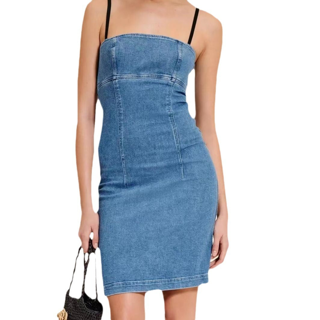 Dame Denim Kjole i figursyet snit med spaghetti-stropper Stilla