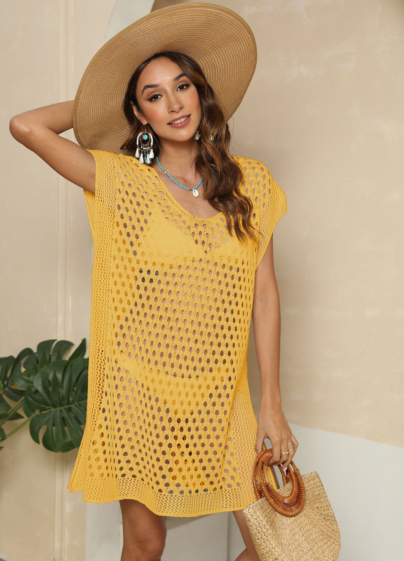 Dame Åben Strik Strand Cover-Up Kjole Stilla