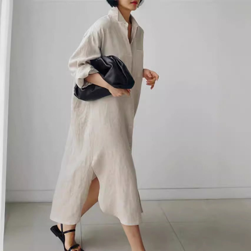 Dame Oversized Skjortekjole med side Slids og fin Linnedstruktur Stilla