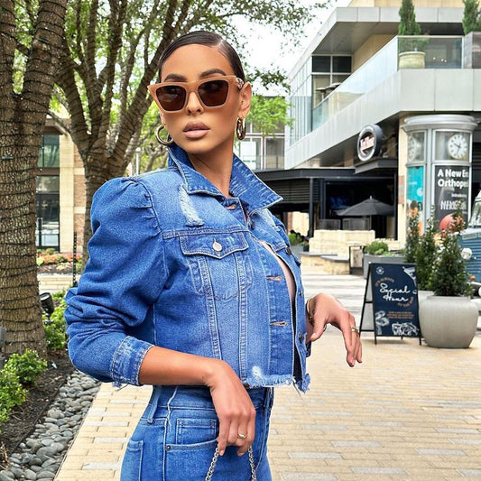 Dame Denim-jakke med puffærmer og dekorativ krave Stilla