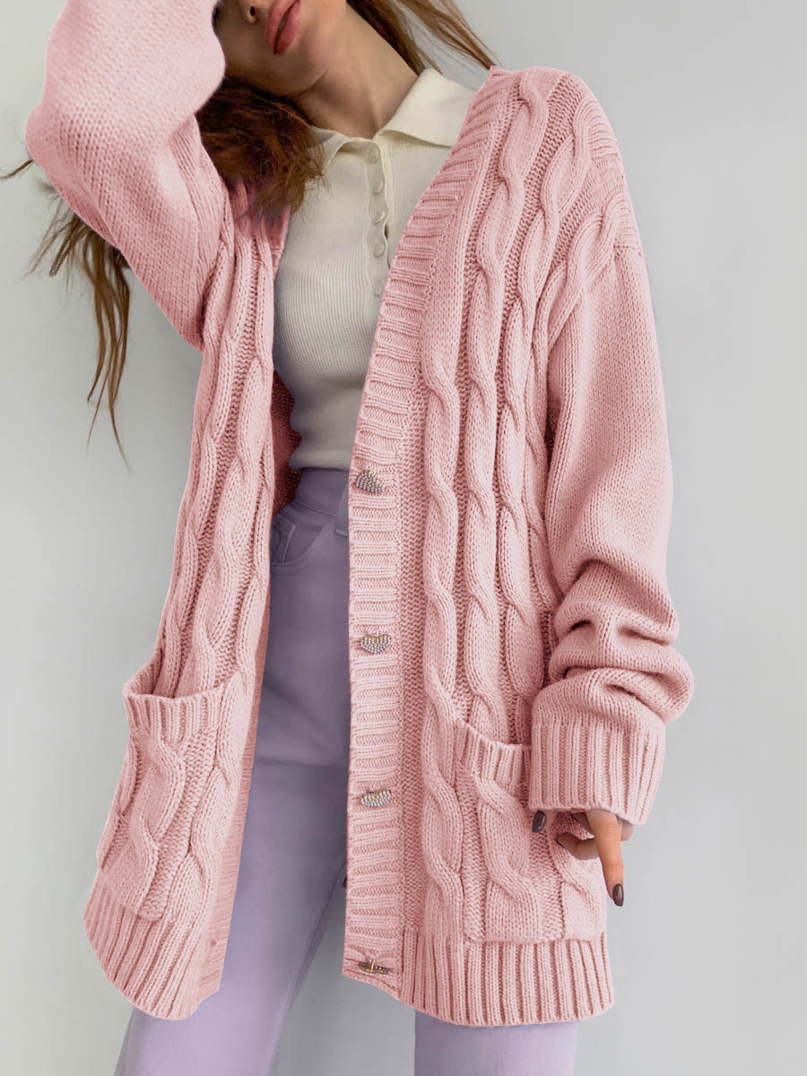 Dame Grovstrik cardigan med hjerteformede knapper og sidelommer Stilla