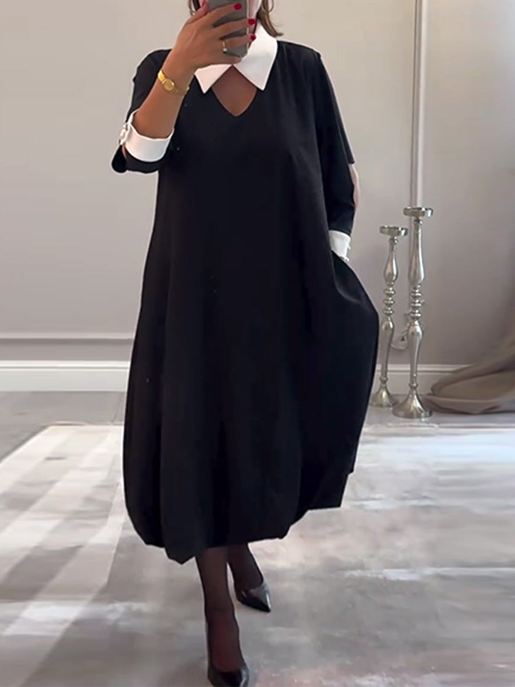 Dame afslappet skjortekjole med moderne V-udskæring og elegante kontrastærmer Stilla