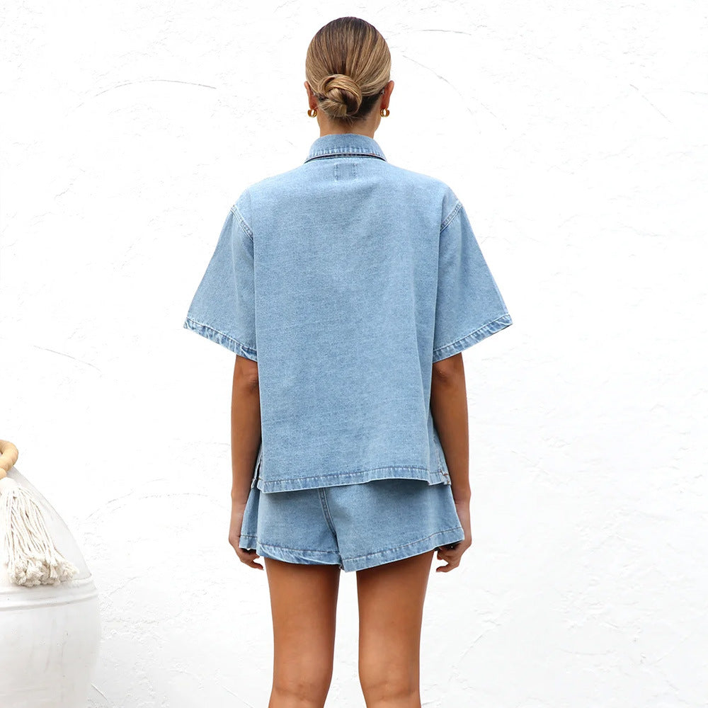 Dame Denim-Casual Sæt med kort top og shorts Stilla