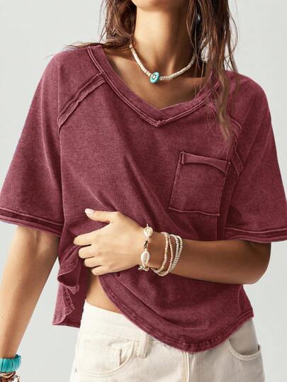 Dame afslappet oversized V-hals T-shirt med brystlomme Stilla