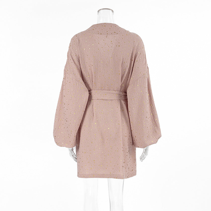 Dame afslappet sommerbluse med voluminøseærmer og taljerbar bælte Stilla