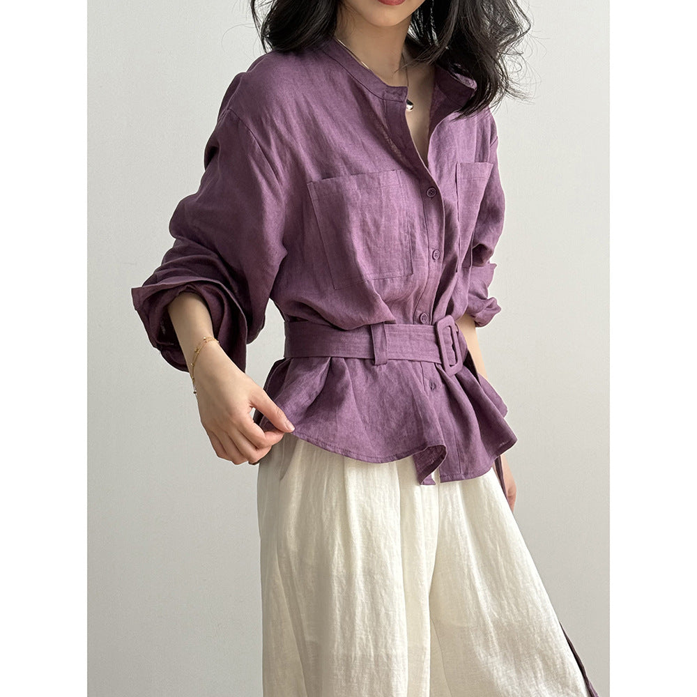 Dame afslappet skjorte med åndbart linned og taljebælte Stilla