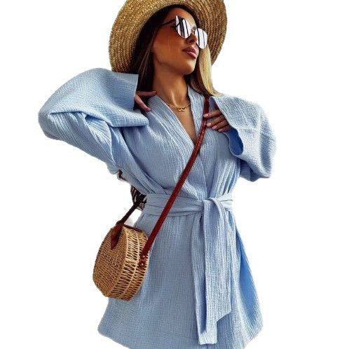 Dame afslappet Kimono-jakke med bælte og åbne ærmer Stilla