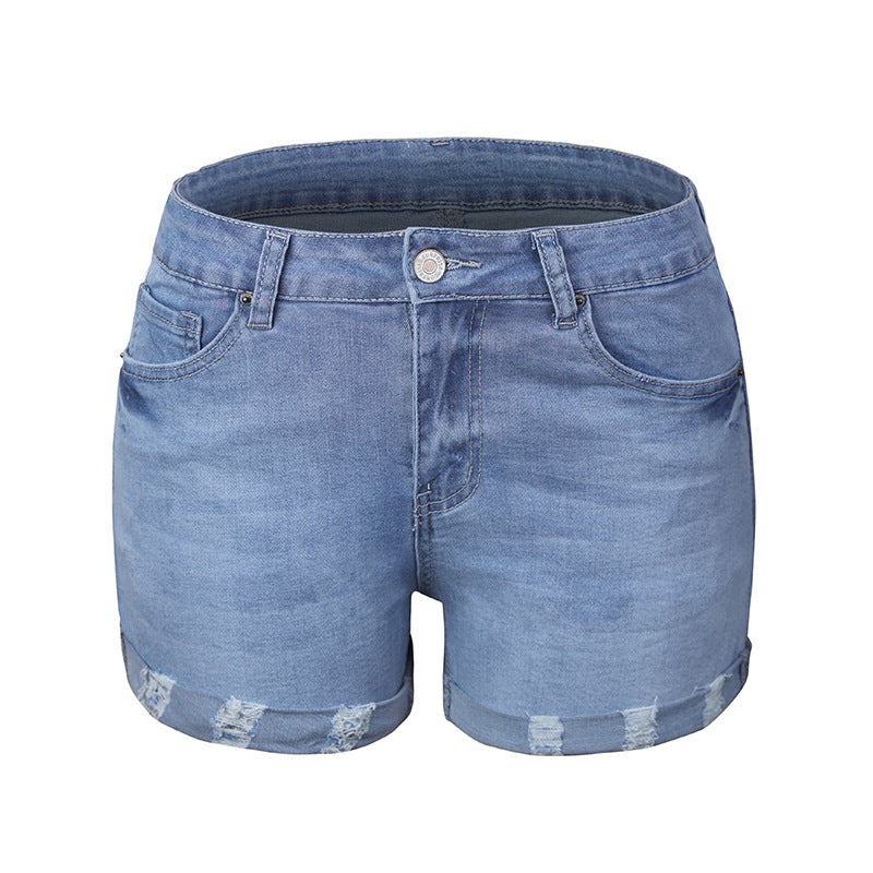 Dame denim-shorts med høj talje og frynset kant Stilla