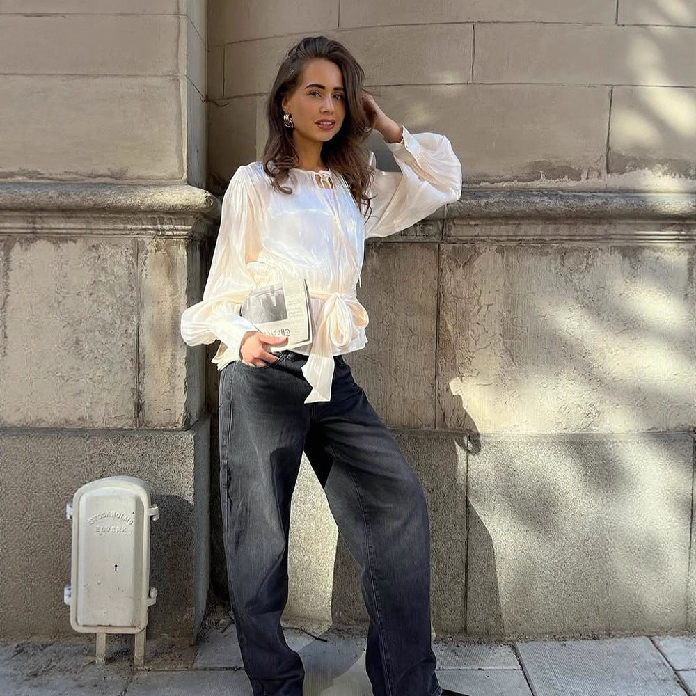 Dame elegant bluse med voluminøse ærmer og til at binde Stilla