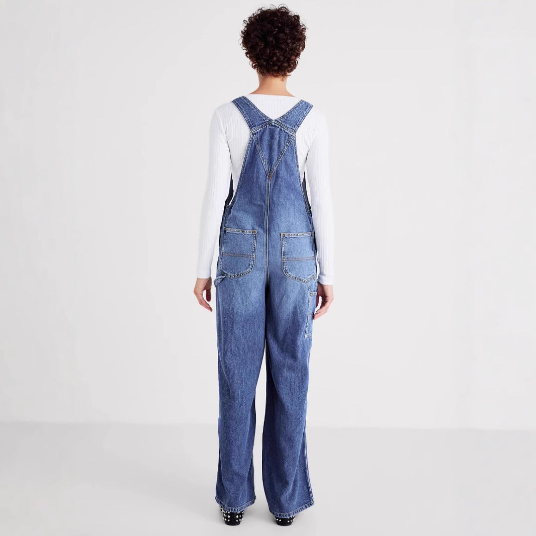 Dame afslappet denim overalls med funktionelle lommer og bredt ben Stilla